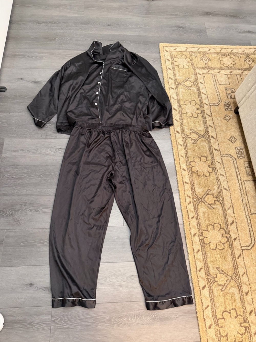 Black Satin Pajama Set with Contrast Piping